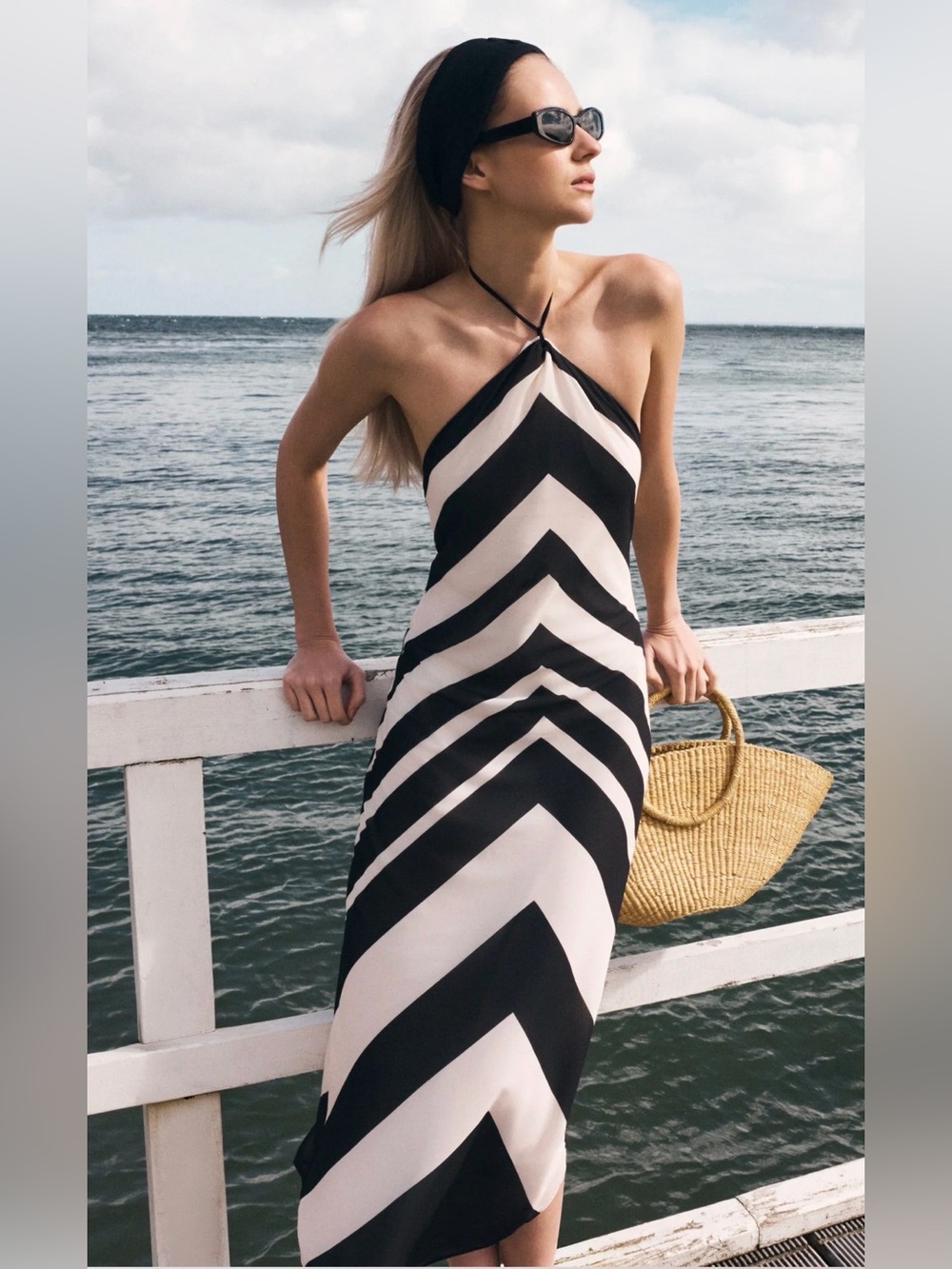 Meshki Hope Satin Halter Midi Dress - Black/White- medium